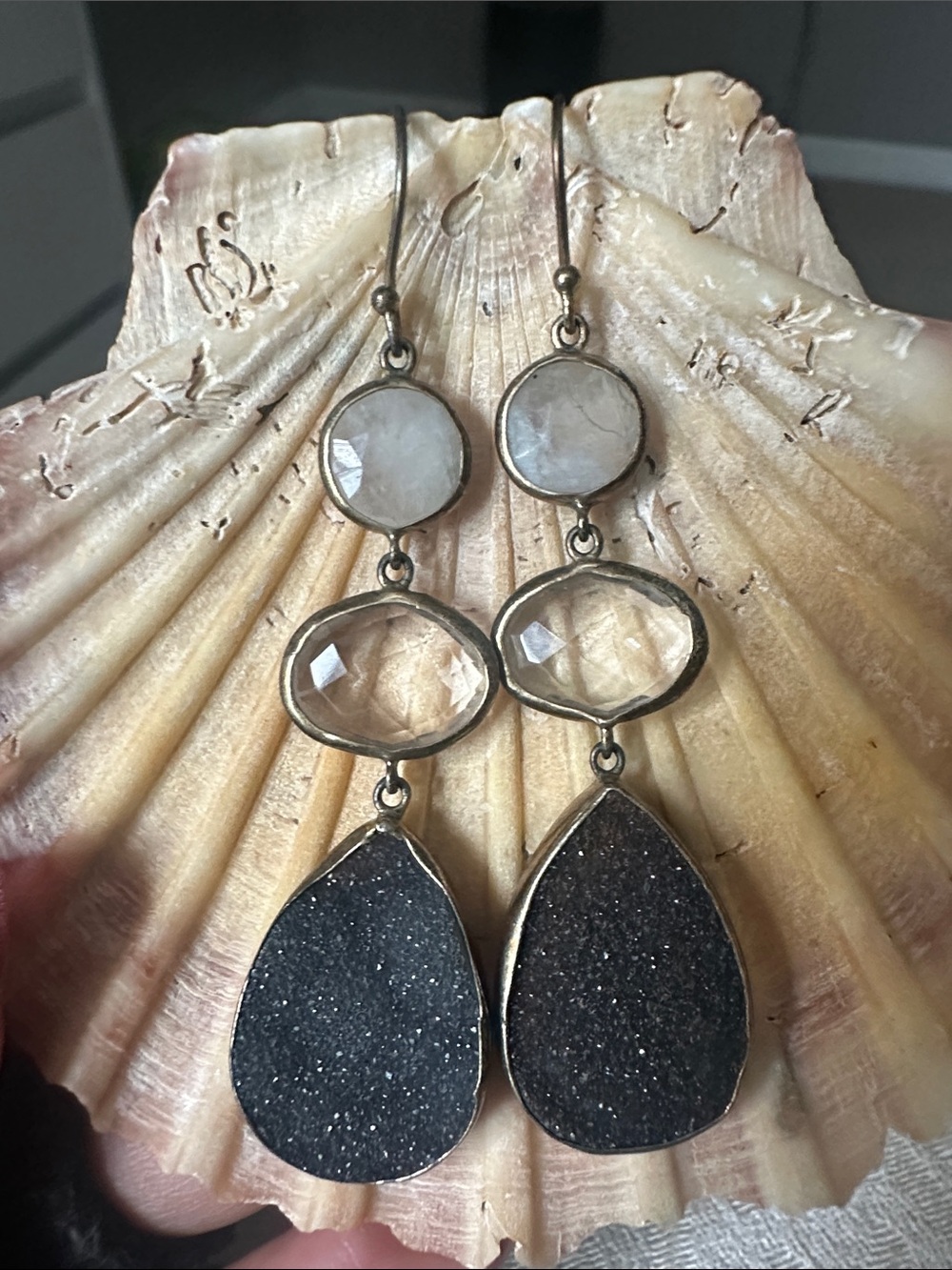 Druzy Teardrop Drop Earrings with Faceted Stone Accents - Black